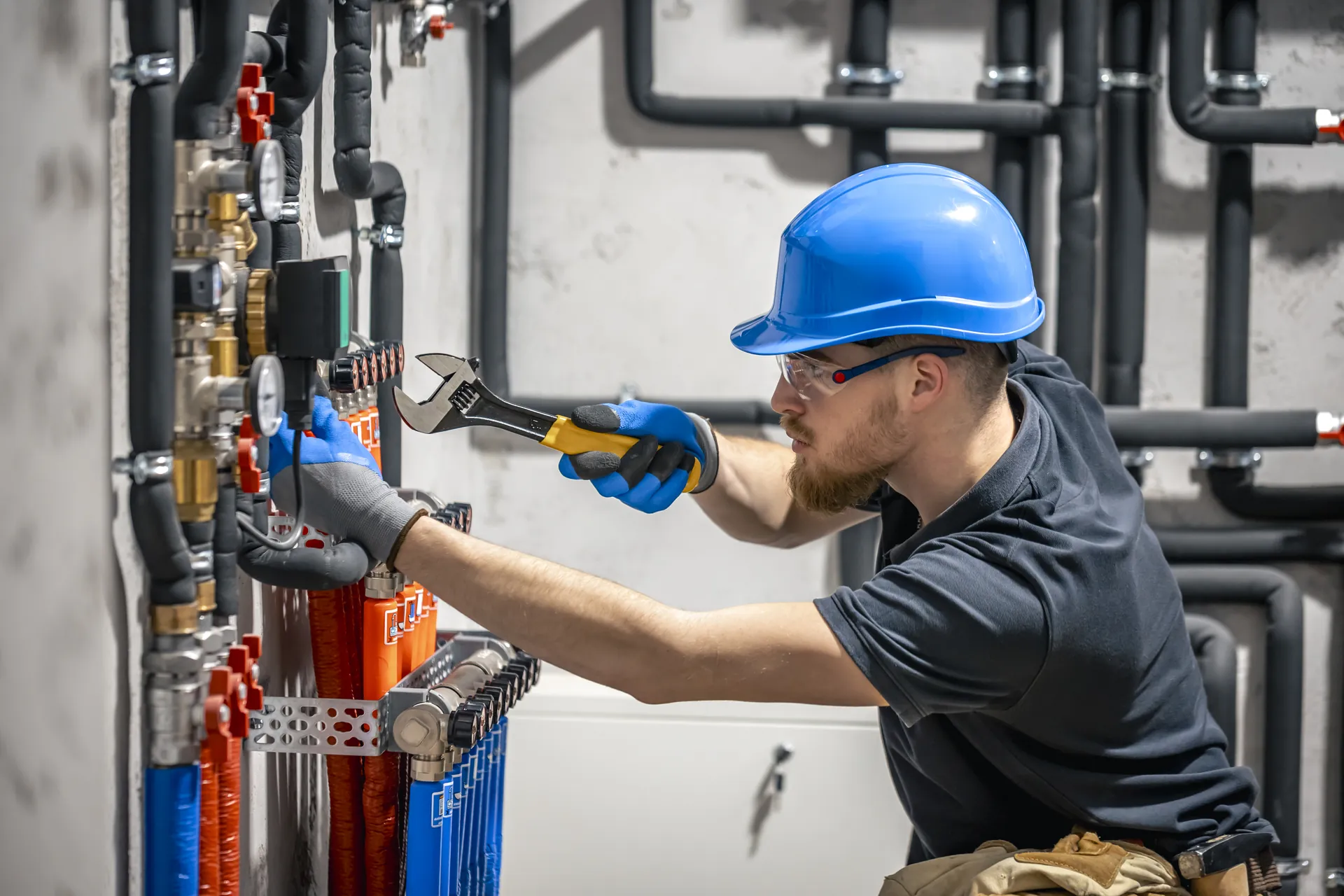 Plumber working on a valve manifold